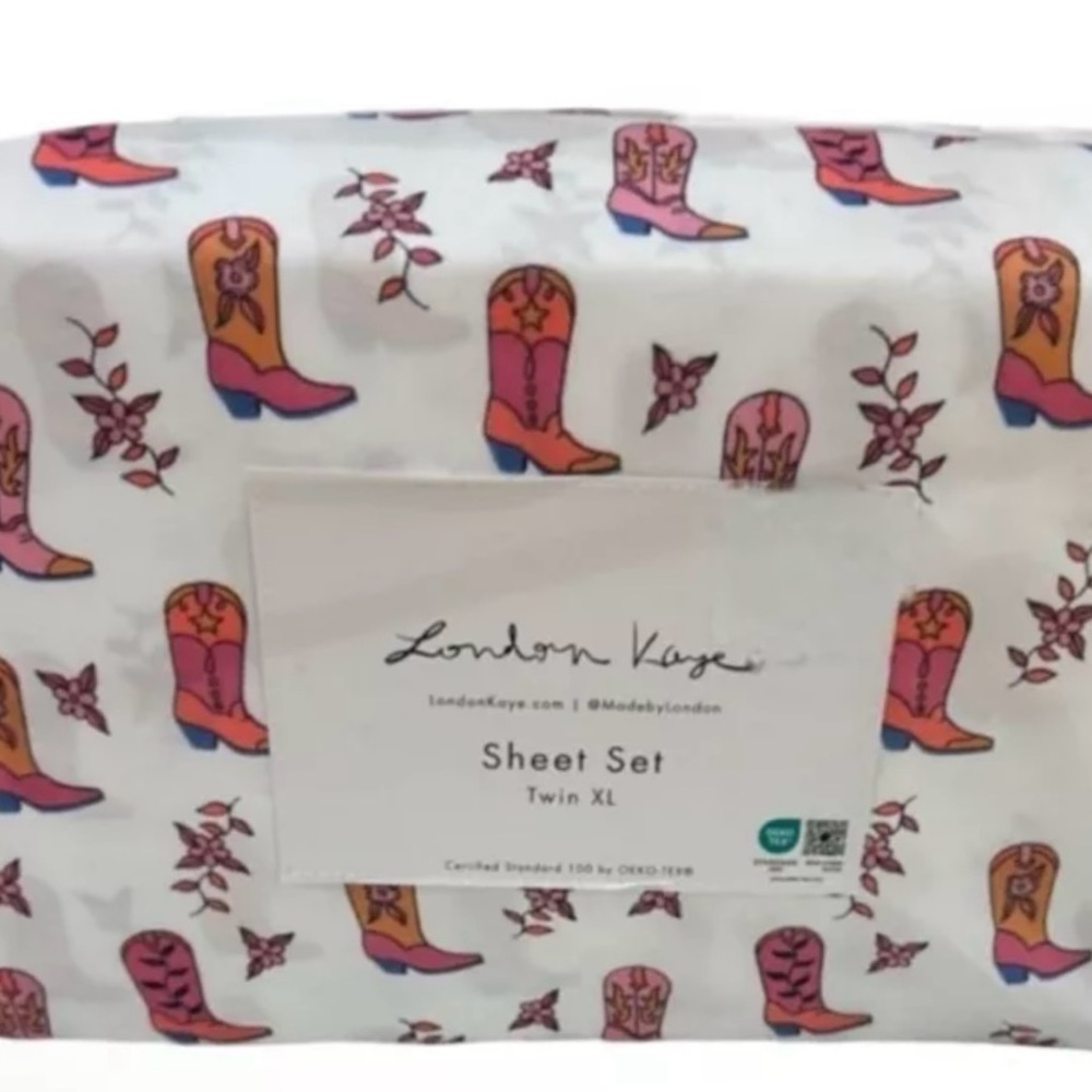 NIP London Kaye Multi PINK Cowboy Cowgirl Boots Western Sheet Set Sz Twin XL